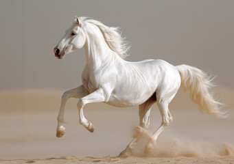 Obraz na płótnie Canvas White Arab horse runs gallop in the sand
