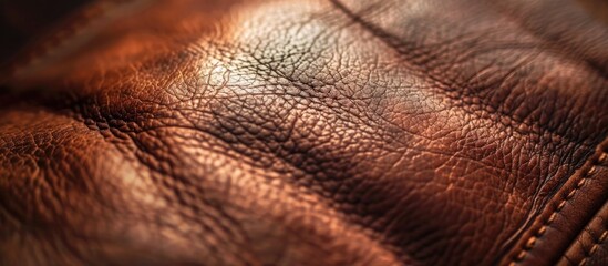 The close-up shot showcases the intricate details and patterns of a rich brown leather texture. The texture appears smooth and glossy, with visible pores and creases adding depth and character to the - Powered by Adobe