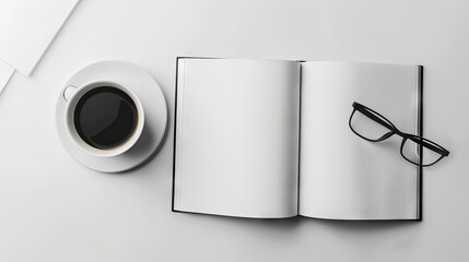 a flat lay open magazine/coffee table read, empty mockup, size; A4, paper; fibre rich, black and white, background; white  