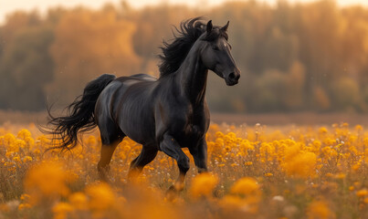 Black horse runs gallop on the blooming yellow flowers field