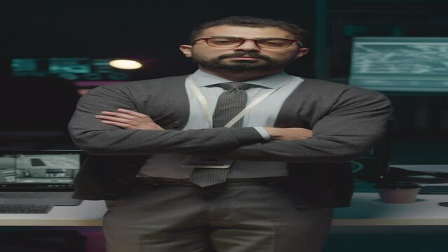 Vertical medium portrait of young Biracial male cybersecurity officer wearing formal suit with badge and eyeglasses posing for camera with hands folded, standing confidently at night office