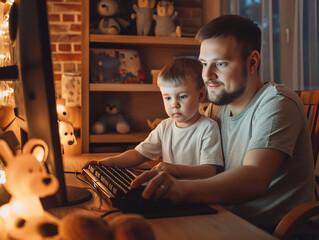 Father and son play a game on the computer in a cozy home environment