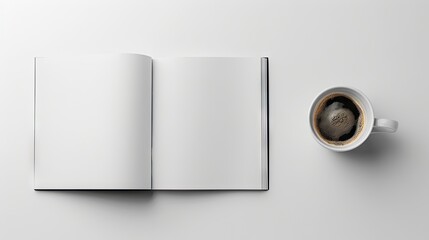 a flat lay open magazine/coffee table read, empty mockup, size; A4, paper; fibre rich, black and white, background; white 