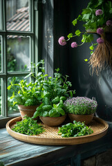 Herbs and flowers in pots on window sill