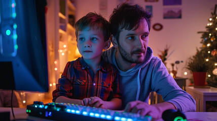 Father and son play a game on the computer in a cozy home environment