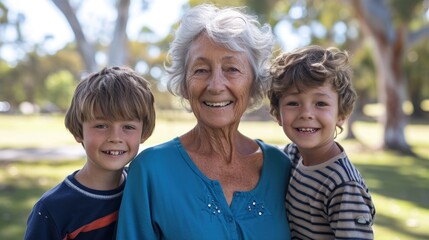 A joyful family photo with a smiling old lady surrounded by her two adorable grandchildren. Fictional Character Created By Generated By Generated AI.