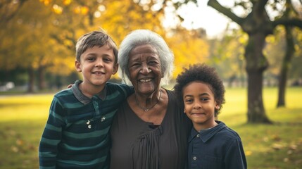 A heartwarming family photo with a smiling old lady surrounded by two young boys. Fictional Character Created By Generated By Generated AI.