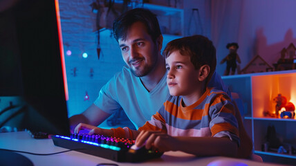 Father and son play a game on the computer in a cozy home environment