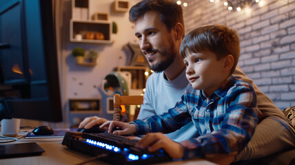 Father and son play a game on the computer in a cozy home environment