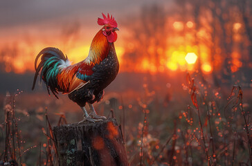 Rooster crowing on stump at sunrise - obrazy, fototapety, plakaty