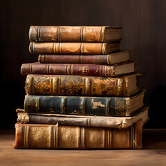 A stack of old books with worn covers.