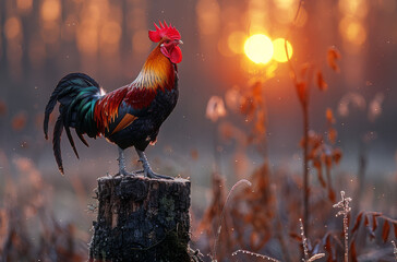 Rooster crowing on stump at sunrise - obrazy, fototapety, plakaty