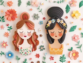 Original paper cut-out art card with pretty women with long hair and colorful flowers isolated on white background, elegant girly decoration to celebrate women's day, lovely floral design with hearts