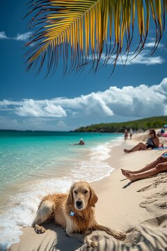 Generative AI image of a picturesque image of vacationing owners relaxing on the beach while their pet plays in the sand or rests in the shade