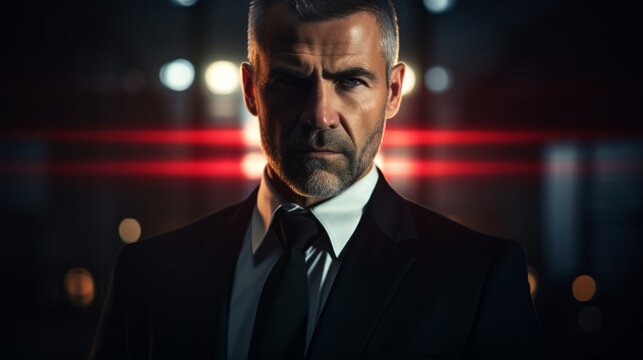 Agent in suit underlined authority dramatic lighting