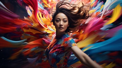 Artist surrounded by vibrant energetic color whirlwind