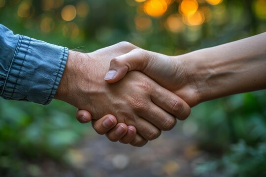 Close-up of a firm handshake between two individuals against a blurred green natural backdrop
