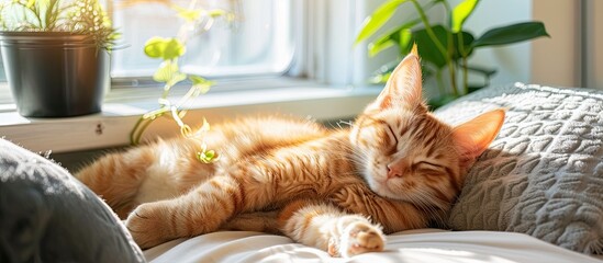 A ginger cat is lying comfortably on top of a bed next to a window in a sunny room, peacefully enjoying a nap.