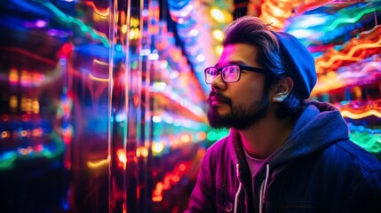 Talented animator in dynamic colorful lighting act