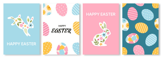 Happy Easter greeting cards set. Colorful templates with bunny, eggs and flowers
