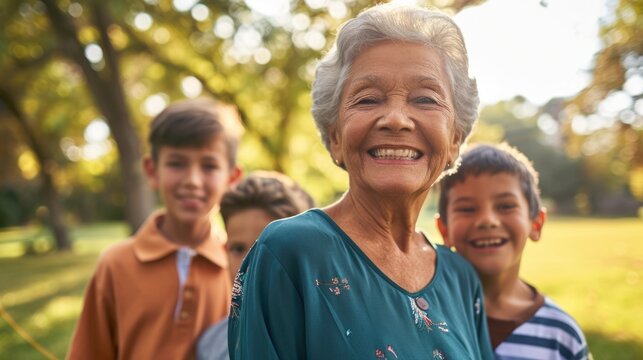 A happy old lady surrounded by young people, possibly her family.. Fictional Character Created By Generated By Generated AI.
