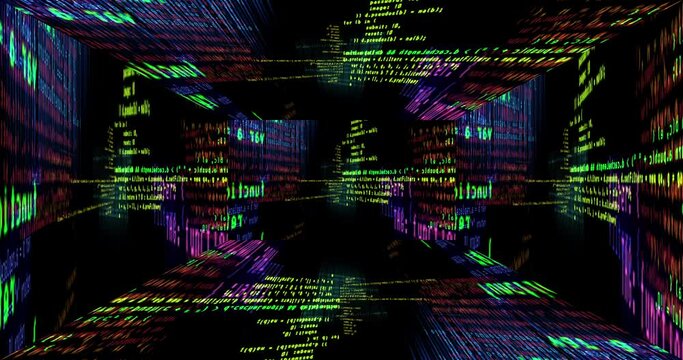 Computer code is printed on the planes of square space. Concept of cyber security, work on creating virtual reality. Virtual programming room