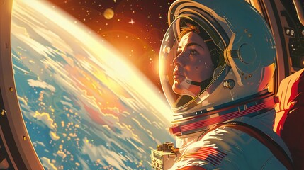 Female Astronaut in Space Suit Looking Out Of Spacecraft Window At Earth. Human Space Flight. Space Exploration, Human Adventure. Stylized Futuristic Illustration. AI Generated - obrazy, fototapety, plakaty