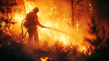 firefighter courageously extinguishes raging forest flames amidst a wildfire. - obrazy, fototapety, plakaty