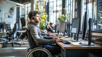 focused man in a wheelchair working at a computer in an office surrounded by colleagues also at their desks.