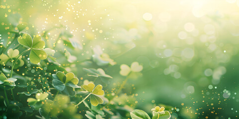 Fototapeta na wymiar Beautiful Green Leaves Of Three And Four Leaf Clover Bokeh Light With Glitter Dust Background For St Patrick's Day 