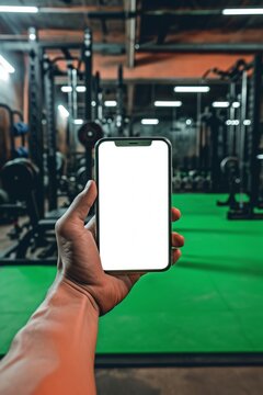 Generative AI image of A Studio image of a Hand holding a cell phone with a powerlifting gym in the background, the cell phone screen is white and is facing the camera.