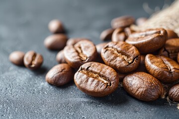 These are roasted coffee beans scattered on a dark surface, highlighting the rich texture and deep...