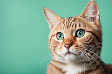 Elegant Striped Tabby Cat with Green Eyes on Pastel Background
