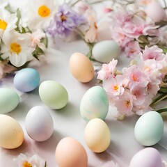 A dreamy Easter background painted in soft watercolors, capturing the delicate beauty of spring blooms and Easter eggs