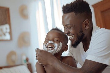 A young boy getting his first shave with dad's help. Fictional Character Created By Generated By Generated AI. - obrazy, fototapety, plakaty
