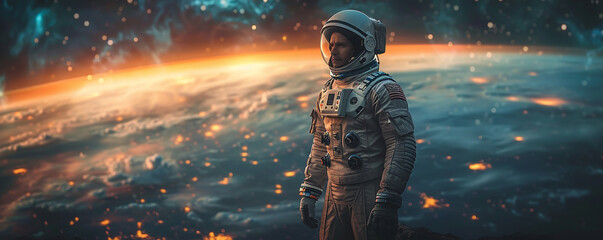 Astronaut Standing outer space with planet earth as backdrop. Generative AI.