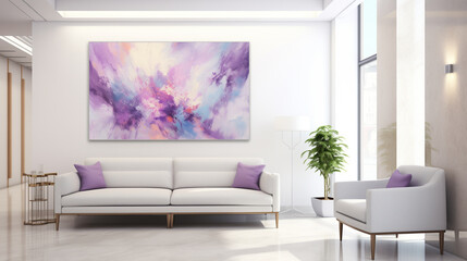 Chic Living Room Interior with White Couch and Expansive Abstract Wall Art