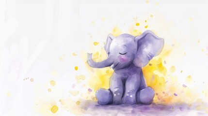 a watercolor painting of a baby elephant sitting on the ground with its trunk in the air and its eyes closed, with yellow and purple spots around its trunk  - obrazy, fototapety, plakaty
