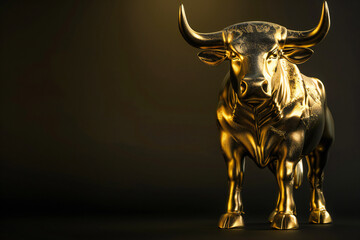 Gold bull in the night against a dark backdrop. Bullish investment growth. Cryptoassets and stock market bullish