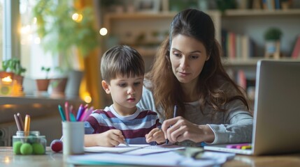 A Mother Helps Her Son with Homework. Fictional Character Created By Generated By Generated AI.