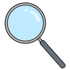 持ち手がグレーの透明感のあるレンズの虫眼鏡のシンプルなカラーのフラットイラストアイコン