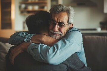 Older Man and Younger Man Embracing Each Other. Fictional Character Created By Generated By Generated AI.