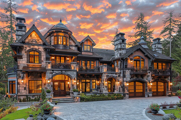 Stunning Luxury Home Exterior at Sunset with Colorful Sky and Expansive Driveway. This Mansion has Three Garages, Turret Style Tower, and Two Floors
 - obrazy, fototapety, plakaty