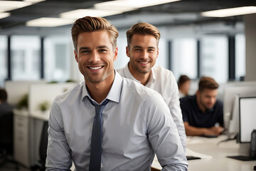 Two Men Smiling in Office Setting, Business Colleagues Expressing Satisfaction and Enjoyment. Generative AI.