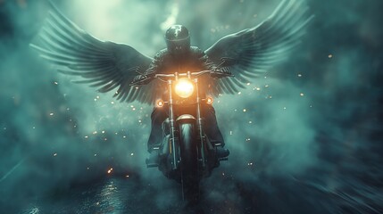 motorcyclist with angel wings on a motorcycle. Generative AI