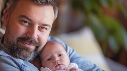 A happy man holding a newborn baby close to his chest. Fictional Character Created By Generated By Generated AI.