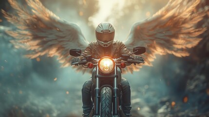 motorcyclist with angel wings on a motorcycle. Generative AI - obrazy, fototapety, plakaty