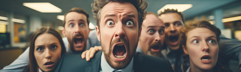 Frightened office workers who having huge problems at work. Concept of bankruptcy, dismissal and shock.