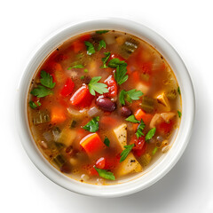 Homemade vegetarian soup in white bowl top view isolated on white background