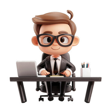 3D character a Businessman working at the desk in modern office with Transparent Background